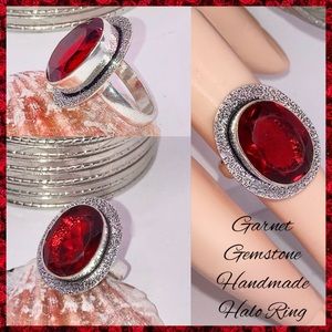 Radiant Garnet Quartz Gemstone Handmade Halo Ring